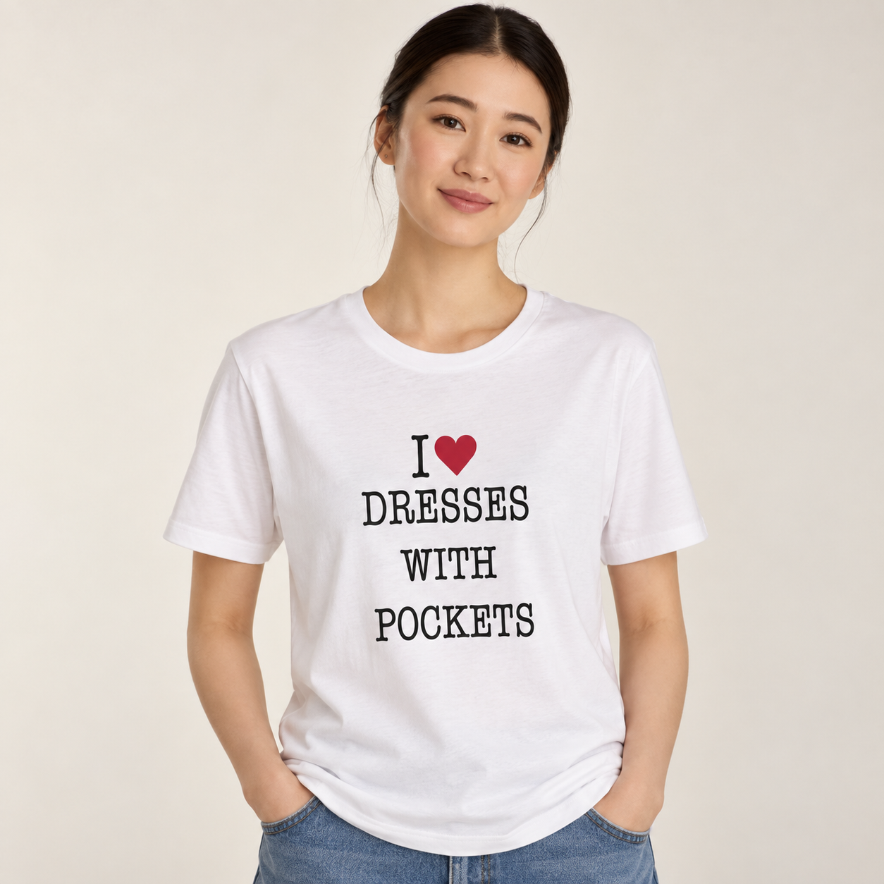 Female model wearing the I love dresses with pockets T-shirt